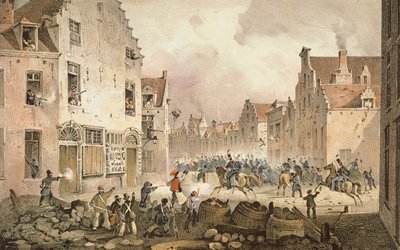 Combattimenti e barricate in Rue de Flandre, Bruxelles, 23 settembre 1830, inciso da Dewasme-Pletinckx da Paulus Lauters